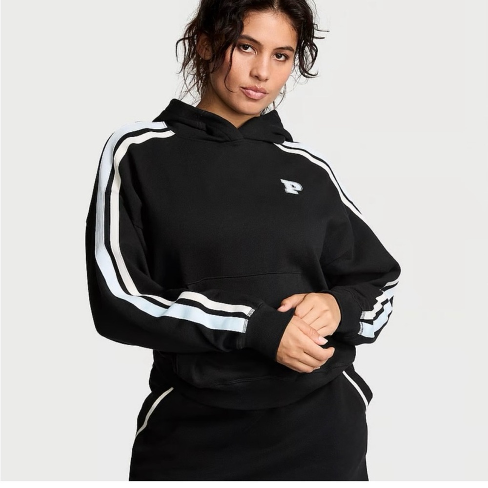 NWT women Pink Victoria Secret Ivy Fleece Hoodie SzS Black & Blue,white stripes